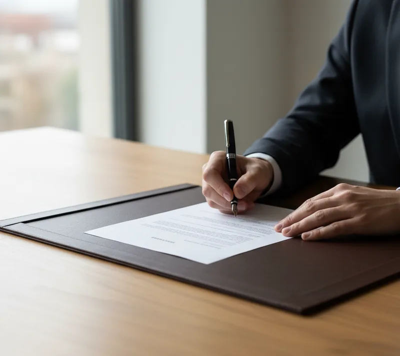 Firma de un documento legal sobre la mesa